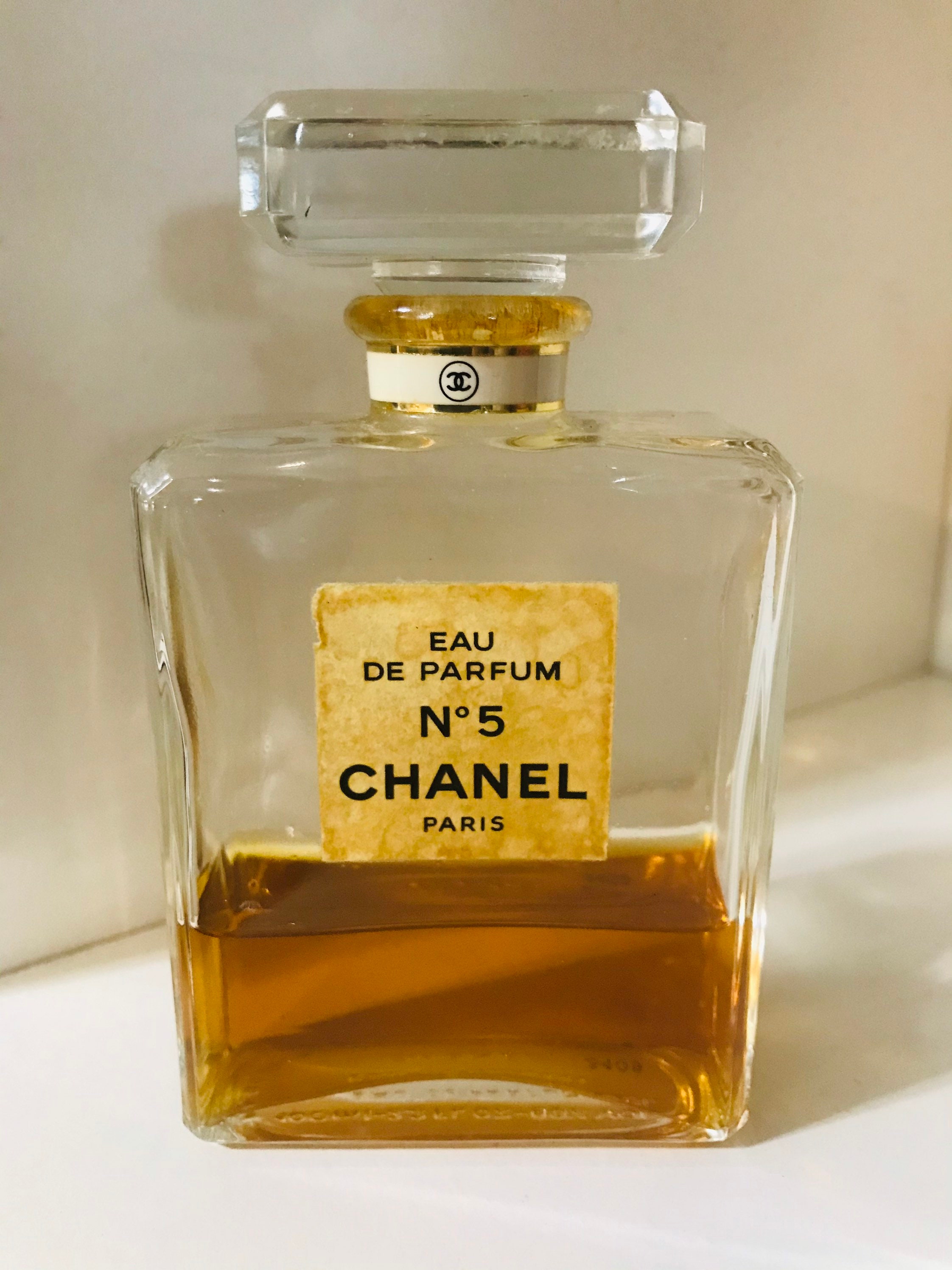 Collectible vintage Chanel No 5 fragrance bottle. About 1/3 full.