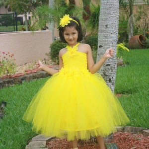 Girls Yellow Lined Tutu Dress, Flower Tutu Dress, Tutu Dress, Girls Party Dress and Headband Set