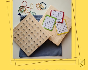 Geoboard or geometry board 7x7, Montessori material of senses, handmade from wood