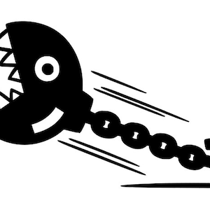 May include: Black and white illustration of a cartoon chain with a large, toothy, open-mouthed head at one end. The chain is attached to a metal post.