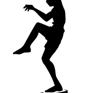 Può includere: Silhouette di una persona in una posa di arti marziali, in piedi su una piattaforma nera. La persona indossa un'uniforme tradizionale di arti marziali e ha la gamba sollevata in alto nell'aria.