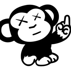 May include: A black and white cartoon illustration of a monkey with its eyes crossed out, giving the middle finger.