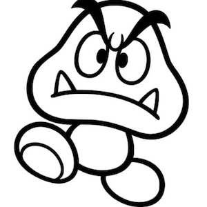 Puede incluir: Una ilustración de dibujos animados en blanco y negro de un personaje con forma de hongo con una cara fruncida y un solo diente visible. El personaje camina con una pierna levantada.
