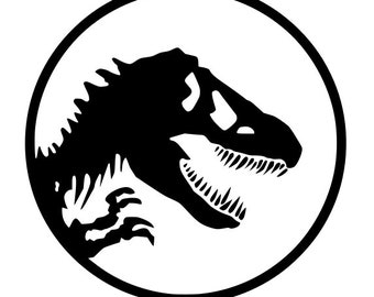 May include: Black and white silhouette of a dinosaur head inside a circle. The dinosaur is facing right and has sharp teeth.