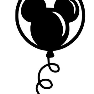 May include: A black and white illustration of a Mickey Mouse head inside a balloon with a curly string.