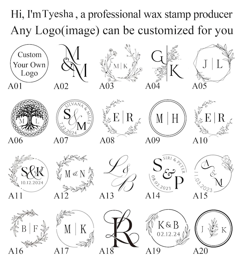 Custom Wedding Couples wax seal stamp kit , Any logo can be engraved , Personalised floral initial wax stamp kit for wedding / gift image 1