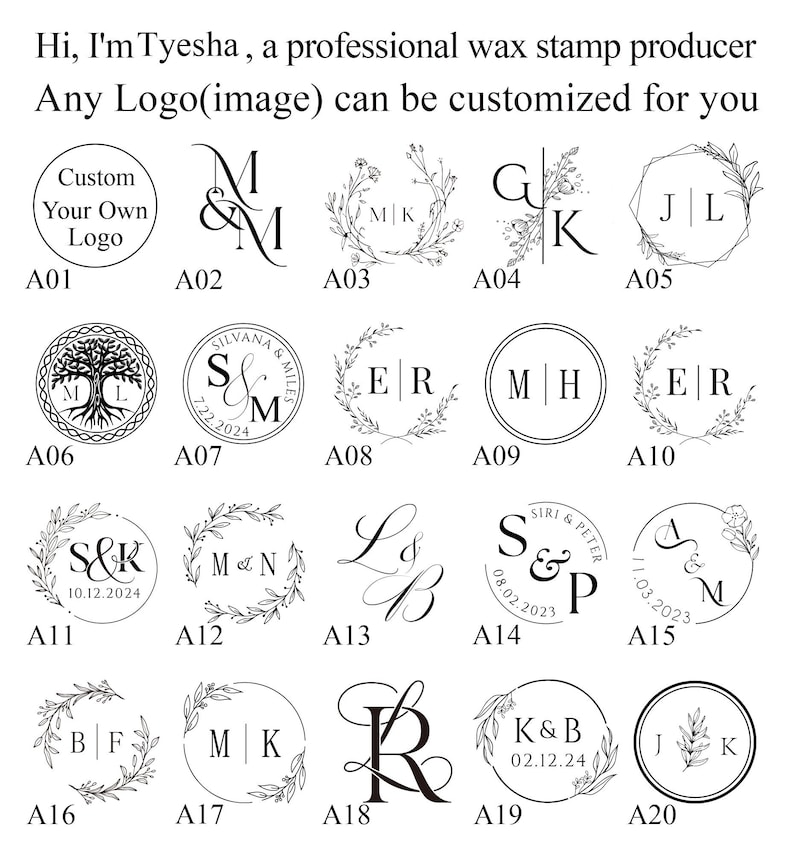 Custom Wedding Couples wax seal stamp kit , Personalised floral & initial wax stamp kit for wedding / gift , Any logo can be engraved image 1