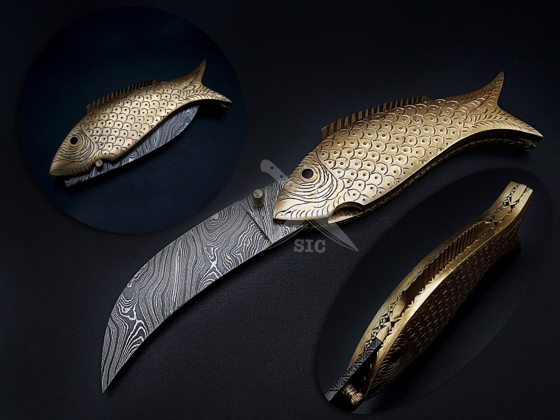 Handmade Fish Folding Knife With Damascus Steel Golden Pocket Etsy UK
