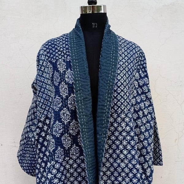 HandMade IndiGo Patchwork Kantha Quilt Jacket HandBlock print Mid Kimono Women Wear Boho Kantha jacket kimono jacket Kimono  Women Wear Gift