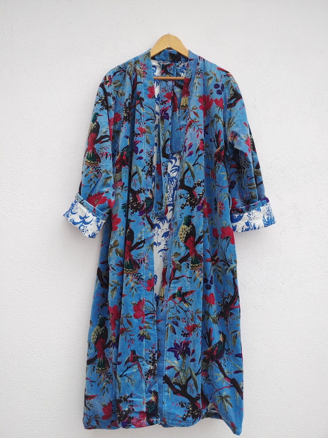Handmade Cotton Velvet Kimono Robes Long Kimono Boho Blue Vintage ...