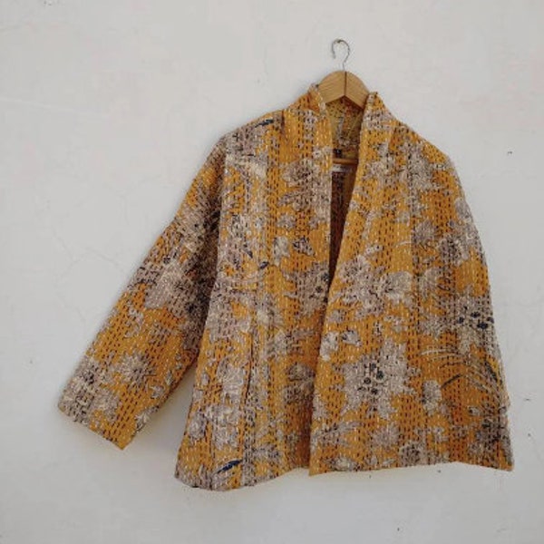 Handmade Kantha Quilt Jacket Hand Block print Short Kimono Women Wear Boho Kantha jacket kimono jacket Kimono Yellow quilted coat,