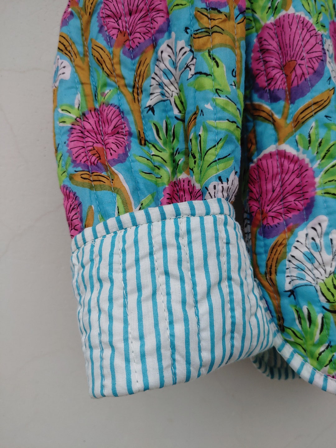 Cotton Quilted Jacket Women Wear Front Open Kimono Stripe Piping Handmade Vintage Quilted Jacket