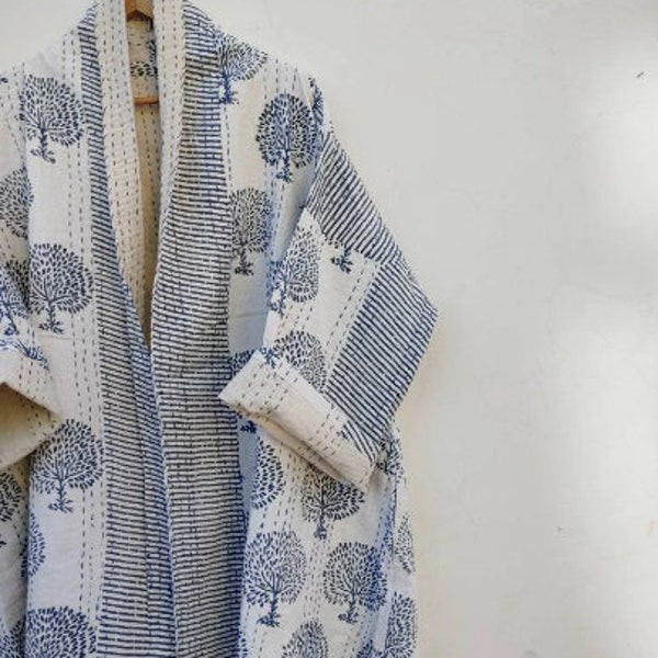 Handmade Kantha Quilt Jacket Handblock print Mid Kimono Women Wear Boho Kantha jacket kimono jacket Kimono  Women Wear Gift