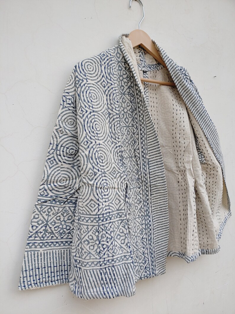 Handmade Kantha Quilt Jacket Quilted Short Kimono Women Wear White Blue