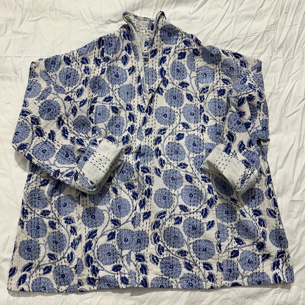 Cotton Reversible Kantha Jacket Short Kimono Blue Floral Print