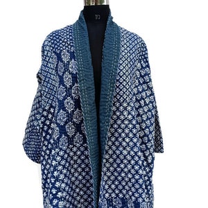 HandMade Indigo New Kantha Gudri Jacket Kimono Women Wear Comfortable Quilted Hand Stitched Jacket Boho Reversible