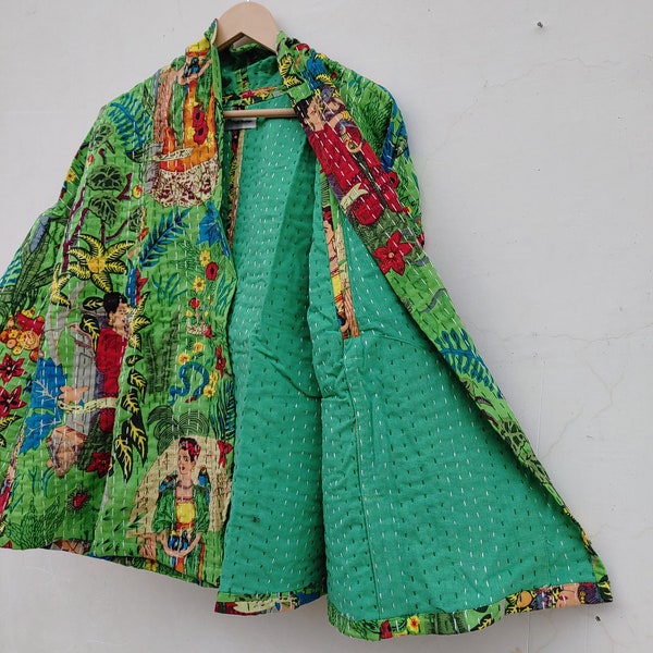 Handmade Kantha Quilt Jacket Quilted Short Kimono Women Wear White Frida Khalo Green Color