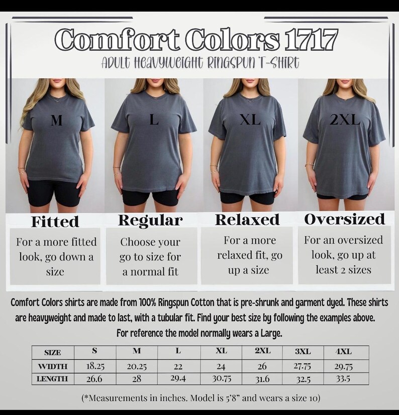 Pu&ograve; includere: Immagine di t-shirt Comfort Colors 1717 per adulti, nelle taglie M, L, XL e 2XL. Le magliette sono mostrate su un modello, con informazioni sulla taglia e sulla vestibilit&agrave;. Le misure sono in pollici (1 pollice = 2,54 cm). Le magliette sono realizzate in 100% cotone ringspun.