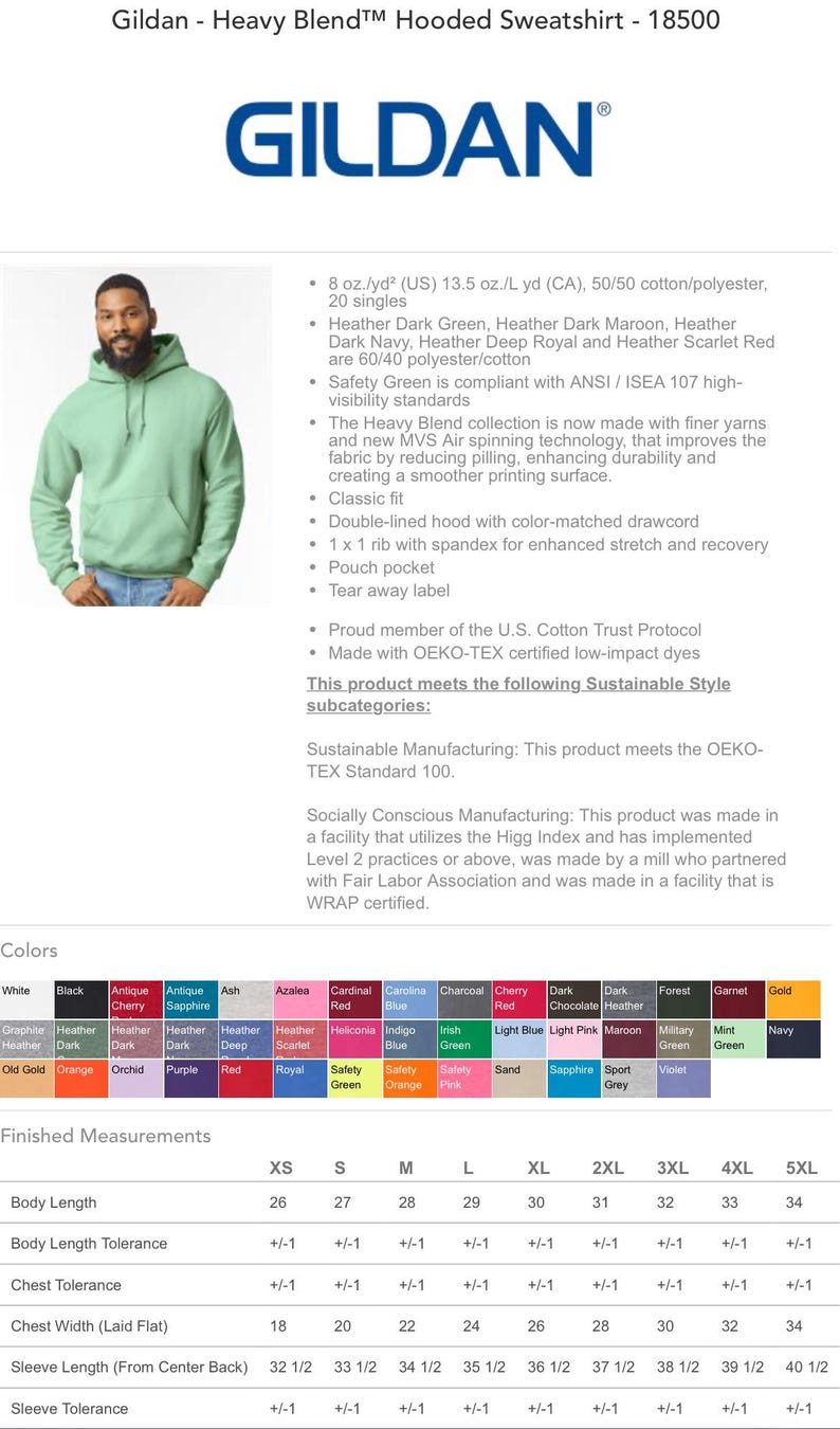May include: A Gildan Heavy Blend hooded sweatshirt in a variety of colors. The sweatshirt is made of 50/50 cotton/polyester and is available in sizes XS to 5XL. The sweatshirt is made with finer yarns and new MVS Air spinning technology, which improves the fabric by reducing pilling, enhancing durability, and creating a smoother printing surface. The sweatshirt is also OEKO-TEX certified and meets the OEKO-TEX Standard 100. It is made in a facility that utilizes the Higg Index and has implemented Level 2 practices or above. The sweatshirt is also made by a mill who partnered with Fair Labor Association and was made in a facility that is WRAP certified.