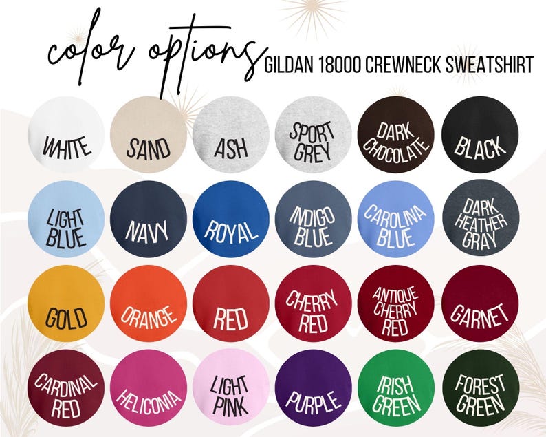 Pu&ograve; includere: Una tabella colori per una felpa girocollo Gildan 18000, con una variet&agrave; di opzioni di colore. La tabella include colori come bianco, sabbia, cenere, grigio sport, cioccolato fondente, nero, azzurro, blu navy, blu reale, blu indaco, blu carolina, grigio antracite scuro, oro, arancione, rosso, rosso ciliegia, rosso ciliegia antico, granato, rosso cardinale, eliconia, rosa chiaro, viola, verde irlandese e verde foresta.