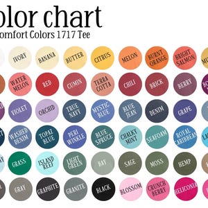 Pu&ograve; includere: Tabella dei colori per Comfort Colors 1717 Tee, con una variet&agrave; di colori. La tabella include tonalit&agrave; come bianco, avorio, banana, burro, agrumi, melone, arancione bruciato, salmone brillante e senape. Altri colori includono rosso, blu, verde e nero.