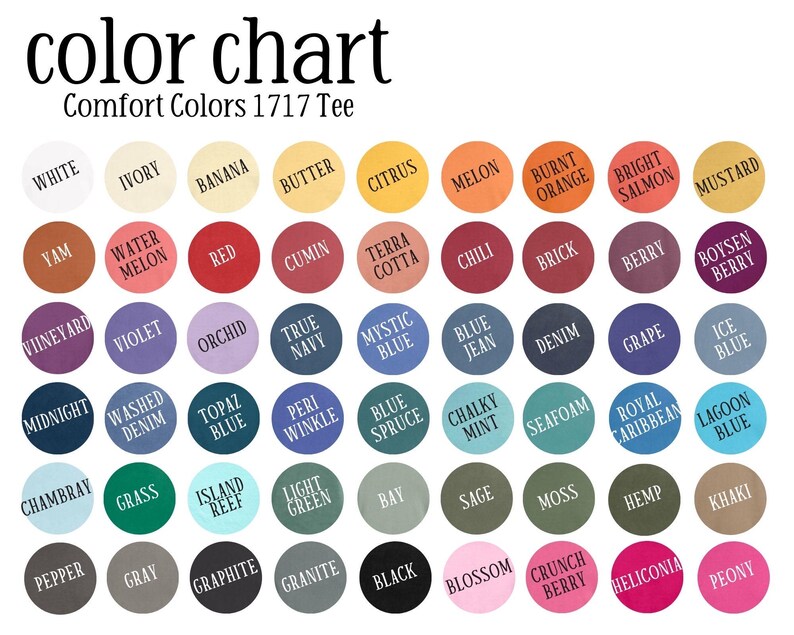 Pu&ograve; includere: Tabella dei colori per Comfort Colors 1717 Tee, con una variet&agrave; di colori. La tabella include tonalit&agrave; come bianco, avorio, banana, burro, agrumi, melone, arancione bruciato, salmone brillante e senape. Altri colori includono rosso, blu, verde e nero.