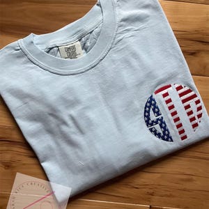 Patriotic Embroidered Monogram Pocket Size Design Tee, Labor Day Tshirt, Red White And Blue Monogram, Unisex Tee