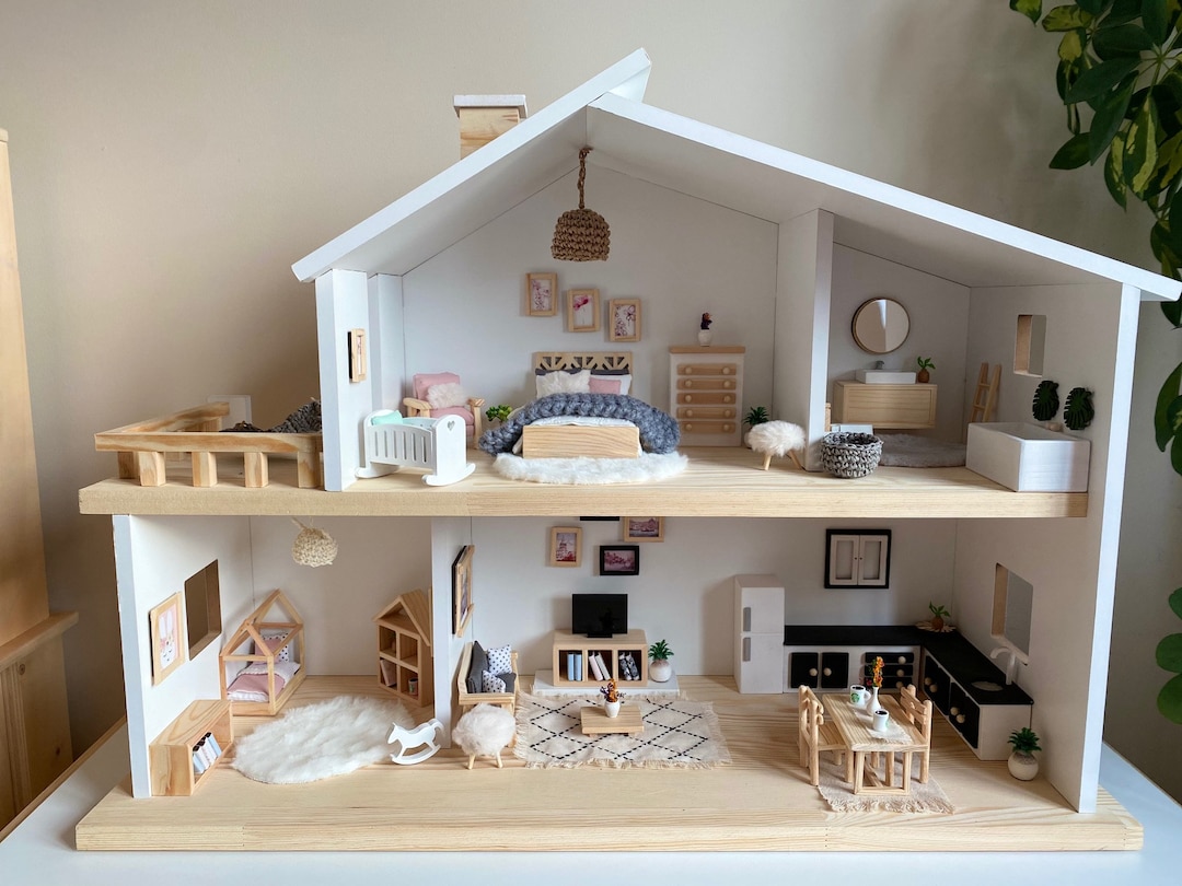 NATURAL WOODEN DOLLHOUSE With Handmade Furniture and Textile