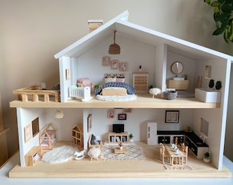 NATURAL WOODEN DOLLHOUSE with Handmade Furniture & Textile, Educational Toy, Birthday Gift, Miniature Dollhouse, Montessori Toys, Doll House