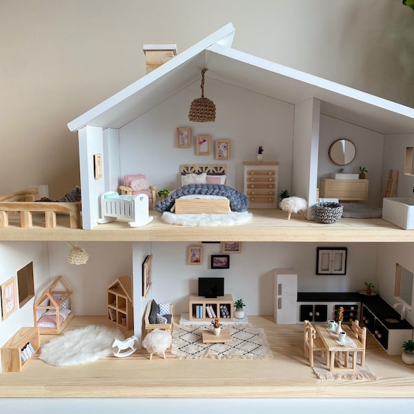 NATURAL WOODEN DOLLHOUSE with Handmade Furniture & Textile, Educational Toy, Birthday Gift, Miniature Dollhouse, Montessori Toys, Doll House