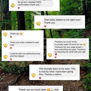 Puede incluir: Una colecci&oacute;n de burbujas de mensajes de texto digitales con expresiones de gratitud y resonancia espiritual personal. Los mensajes incluyen frases como muchas gracias, eso realmente me identifica y esto me llen&oacute; los ojos de l&aacute;grimas.