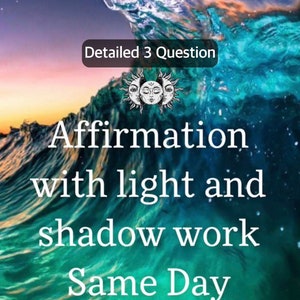 Puede incluir: Un gráfico digital que muestra una ola rompiendo en tonos turquesa, azul y blanco. El texto dice: Detailed 3 Question, Affirmation with light and shadow work, Same Day. Una pequeña ilustración en blanco y negro de tres caras de sol y luna.