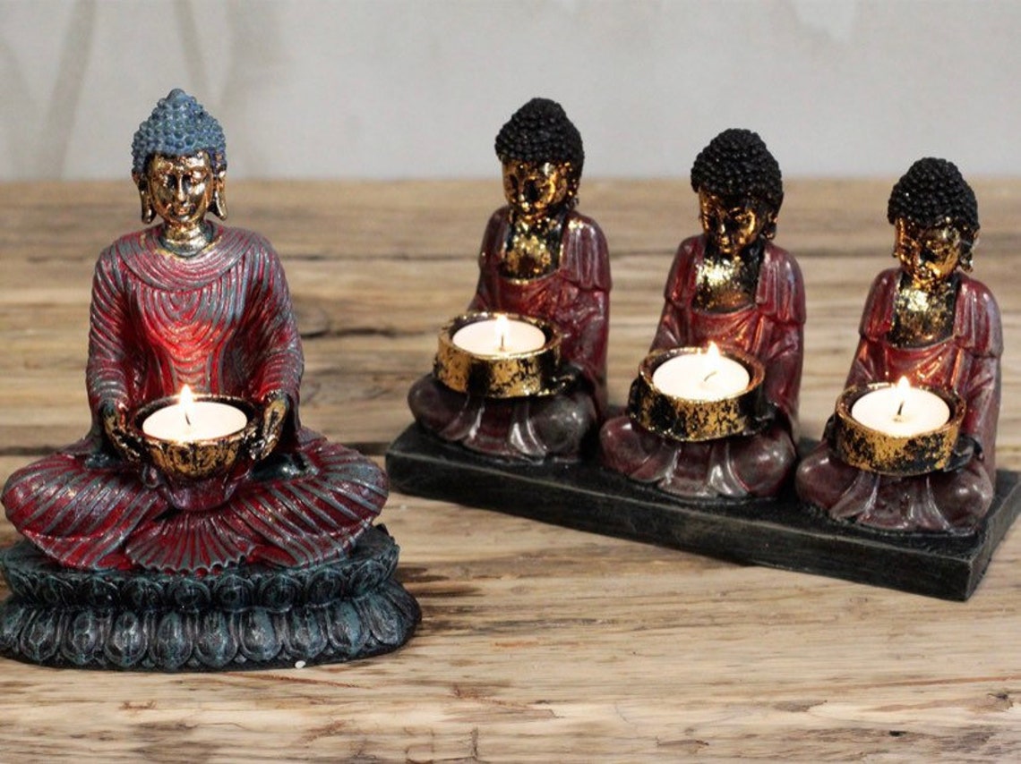Antique Buddha Candle Holder Three Devotees Tea Light Etsy