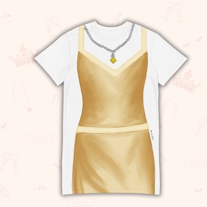 以下が含まれることがあります： ダイヤモンドのネックレスが付いた金のドレスのプリントが施された白いTシャツ。ドレスはVネックで、体にフィットしたボディです。ネックレスには大きな黄色のダイヤモンドのペンダントが付いています。