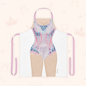 May include: A white apron with a pink, blue, and silver sequined bodice design. The bodice has a plunging neckline and a fitted silhouette. The apron has adjustable straps and a large pocket on the front.