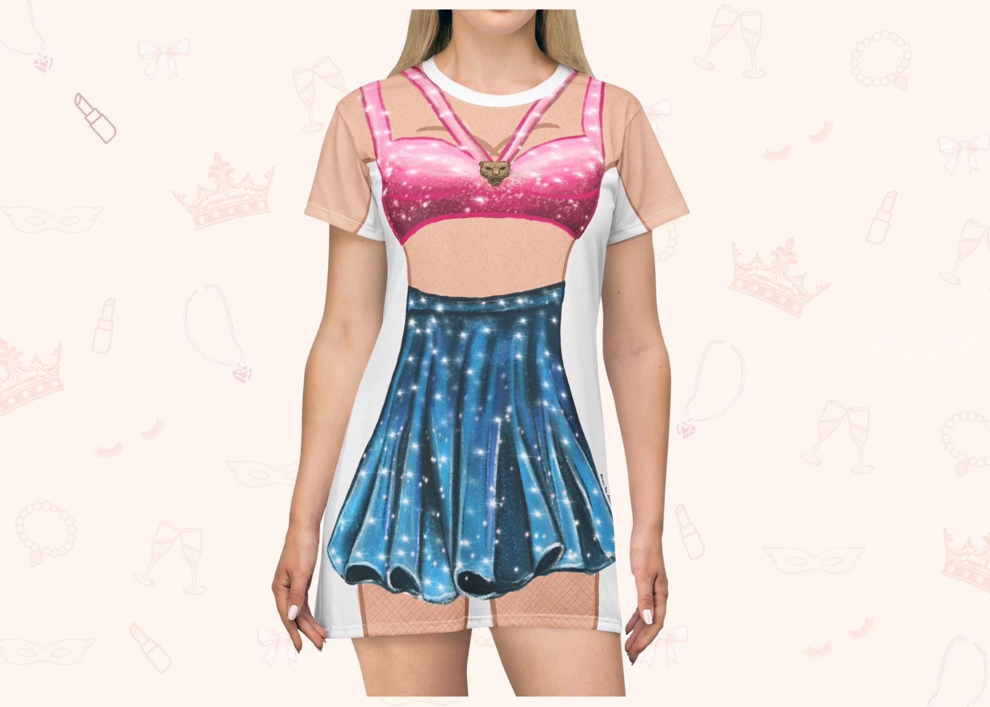 Discover Pink & Teal Concert T-Shirt Dress for Women, Fun Costume Lounge Wear