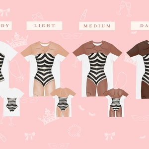 May include: Four t-shirts with a zebra print design. The shirts are shown in four different skin tones: no body, light, medium, and dark. The shirts are all short-sleeved and have a crew neck.