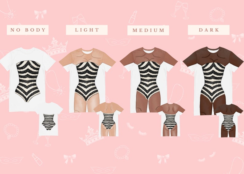 May include: Four t-shirts with a zebra print design. The shirts are shown in four different skin tones: no body, light, medium, and dark. The shirts are all short-sleeved and have a crew neck.