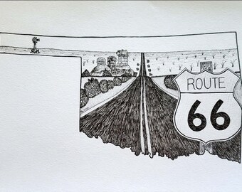 Oklahoma print, notecard/stationery; black and white pen drawing; hand drawn; Route 66, Black Mesa State Park