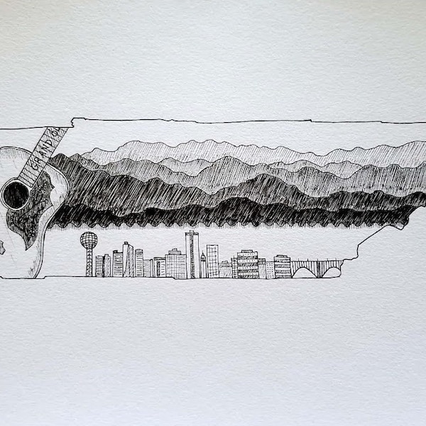 Tennessee print, notecard/stationery; black and white pen drawing; hand drawn; Knoxville, Great Smoky Mountains, Grand Ole Opry