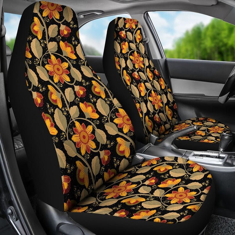 Vintage Flower Pattern Car Seat Covers Set on Black Background Etsy