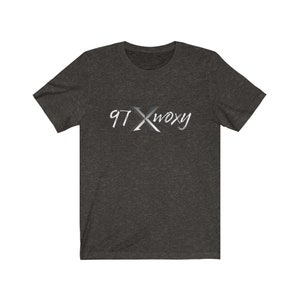 May include: Dark heather grey t-shirt with a white graphic design that says "97 X moxy".