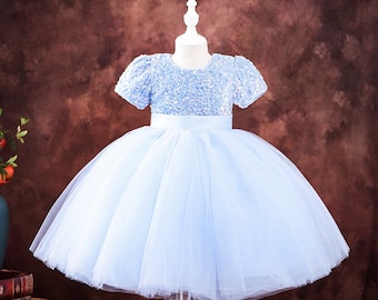 Flower Girls Dress Tutu dress Girls Wedding dress Girls Birthday Party Embroidered Girls Dress blue sequins child dress Tulle Girl Dress