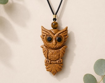 Owl Wooden Necklace, Hand Carved Owl Pendant, Tiger Eye Necklace, Boho Jewelry, Adjustable Cord, Handmade in Italy