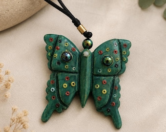 Handmade Wooden Butterfly Pendant Necklace, Hand Carved Wood Butterfly, Colorful Glass Beads, Nature Jewelry, Artisan Necklace, Unique Gift