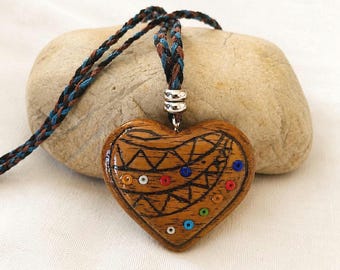 Handmade Wooden Heart Pendant Necklace, Hand Carved Wood Heart, Colorful Glass Beads, Artisan Wooden Jewelry, Unique Gift for Her, Boho Neck