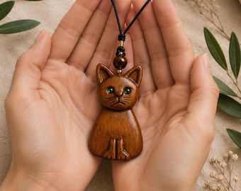 Egyptian Cat Wooden Necklace, Bastet Pendant, Handmade Wood Pendant, Cat Lover Gift, Tiger Eye Necklace, Made in Italy