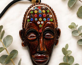 Tribal Mask Pendant, Handmade Wooden Necklace, African Mask Jewelry, Boho Wood Pendant, Artisan Necklace, Made in Italy