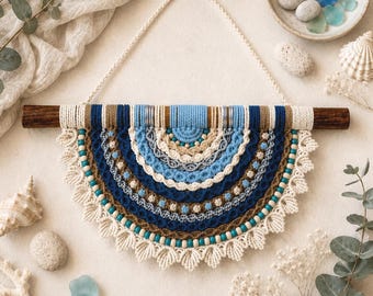 Half Moon Macrame Wall Hanging, Boho Wall Decor, Coastal Wall Decor, Ocean Fiber Art, Handmade Italian Decor, Boho Home Decor