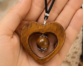 Wooden Heart Necklace, Tiger Eye Pendant, Handmade Wood Jewelry, Boho Necklace, Nature Inspired Gift, Adjustable Necklace, Made in Italy